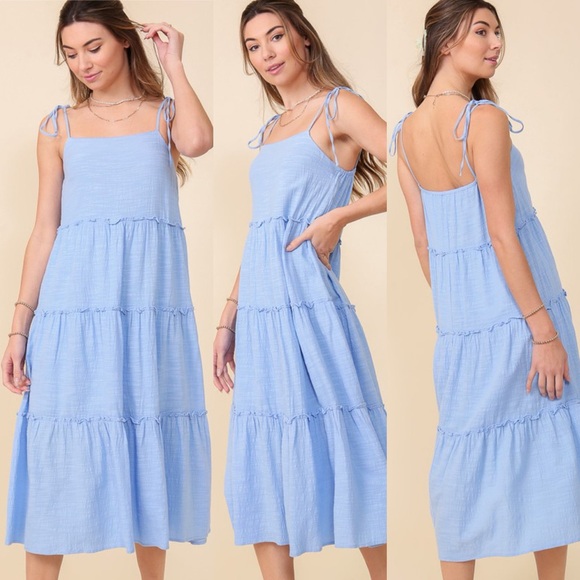 Anthropologie Dresses & Skirts - Baby blue linen tiered ruffle lace crochet adjustable boho bohemian maxi dress